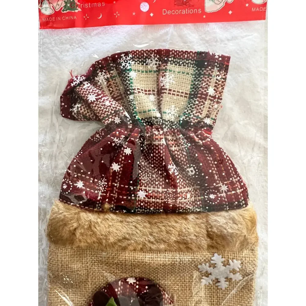 Set of 3 Christmas Bottle Gift Bags Santa Snowman Reindeer Rustic Holiday